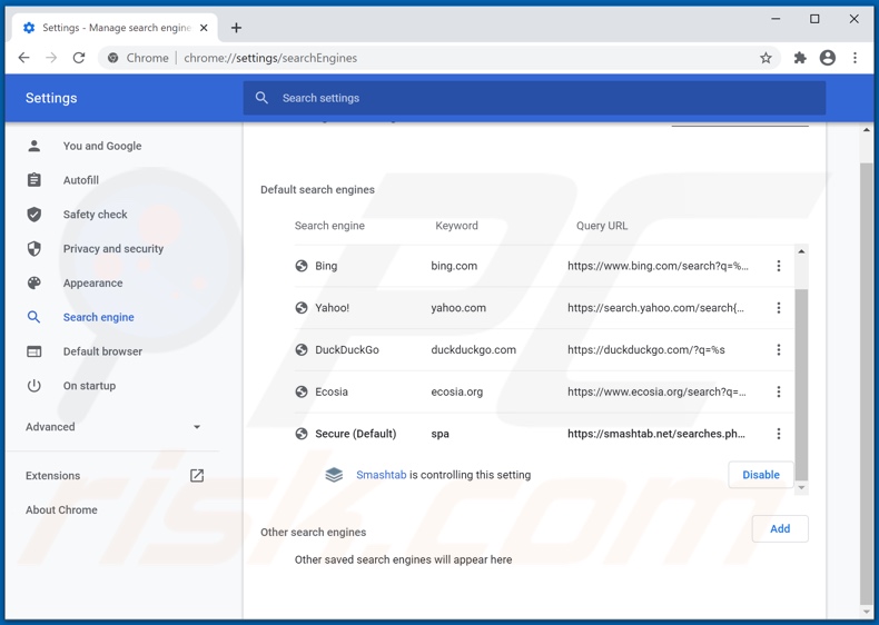 Removing smashtab.net from Google Chrome default search engine