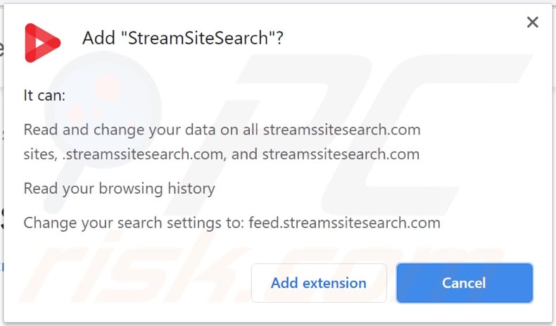 StreamSiteSearch browser hijacker asking for permissions