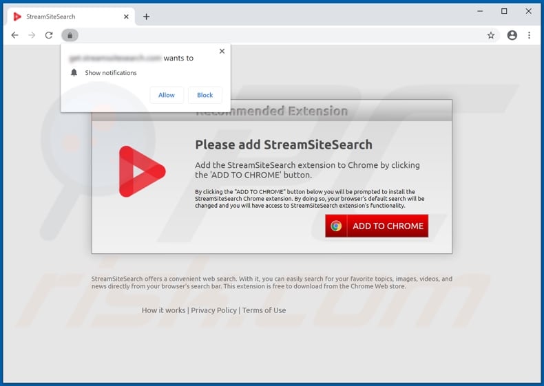 Website promoting StreamSiteSearch browser hijacker (sample 1)