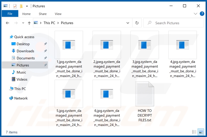 Files encrypted by System Damaged ransomware (.system_damaged_payment_must_be_done_in_maxim_24_hours_or_your_encryption_key_will_be_deleted_forver extension)