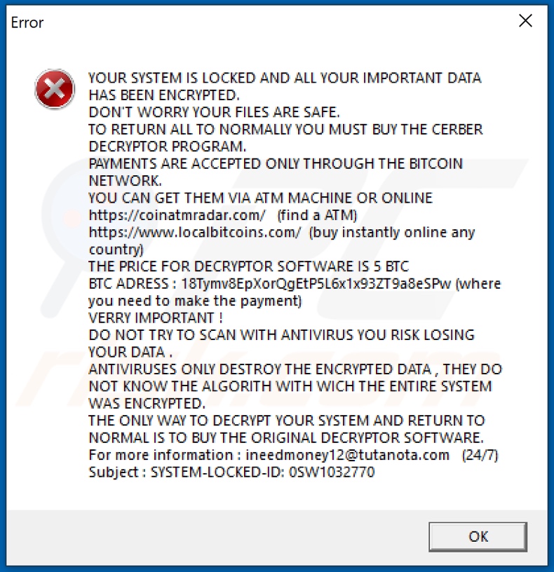 System Damaged decrypt instructions (pop-up)