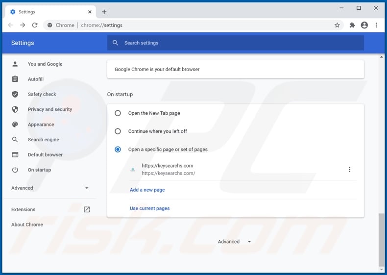 Removing keysearchs.com from Google Chrome homepage