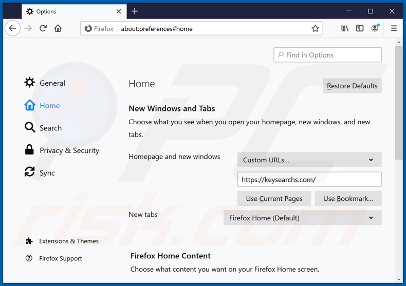 Removing keysearchs.com from Mozilla Firefox homepage