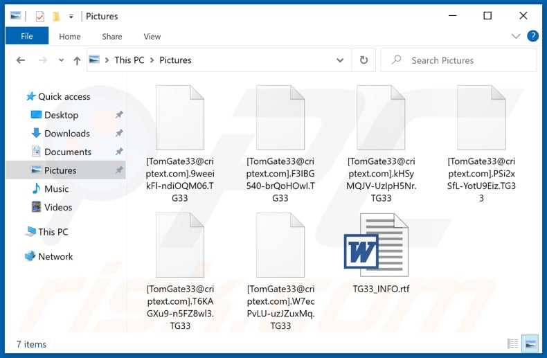 Files encrypted by TG33 ransomware ([TomGate33@criptext.com].[random_string].TG33 pattern)
