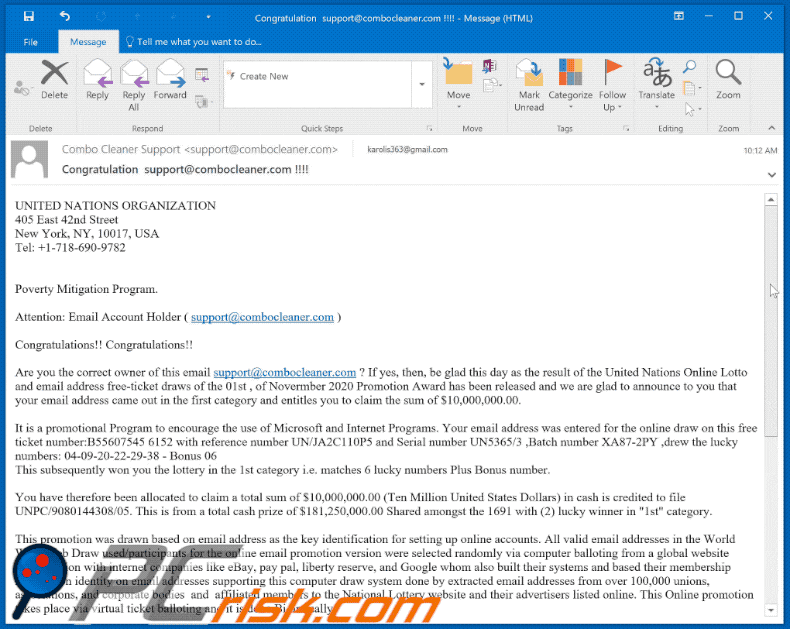 united nations online lotto email scam appearance