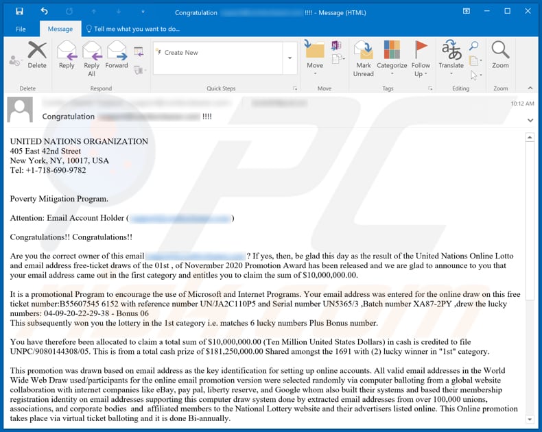 United Nations Online Lotto email scam email spam campaign