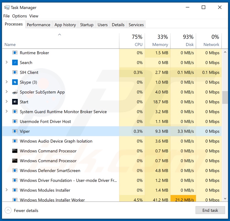 Viper ransomware process on task manager (Viper)