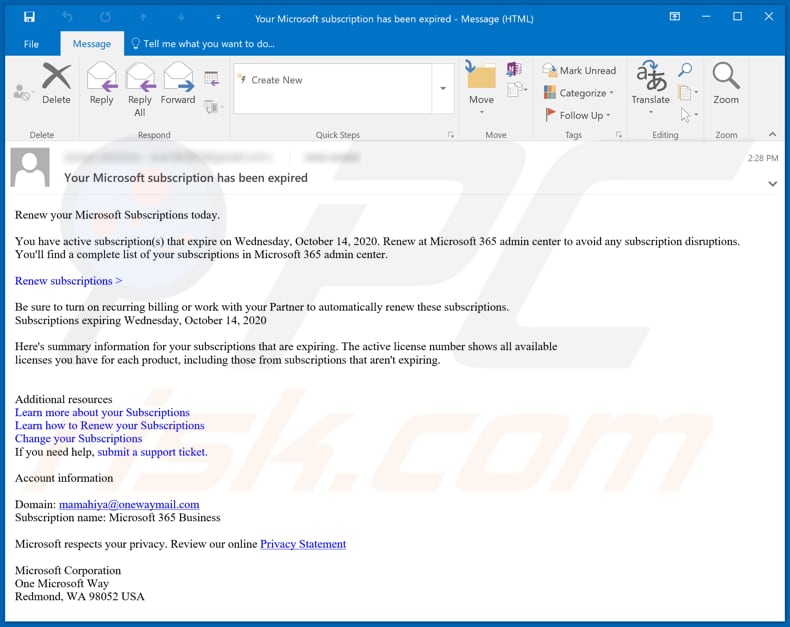 Your Microsoft subscription has been expired email scam email spam campaign