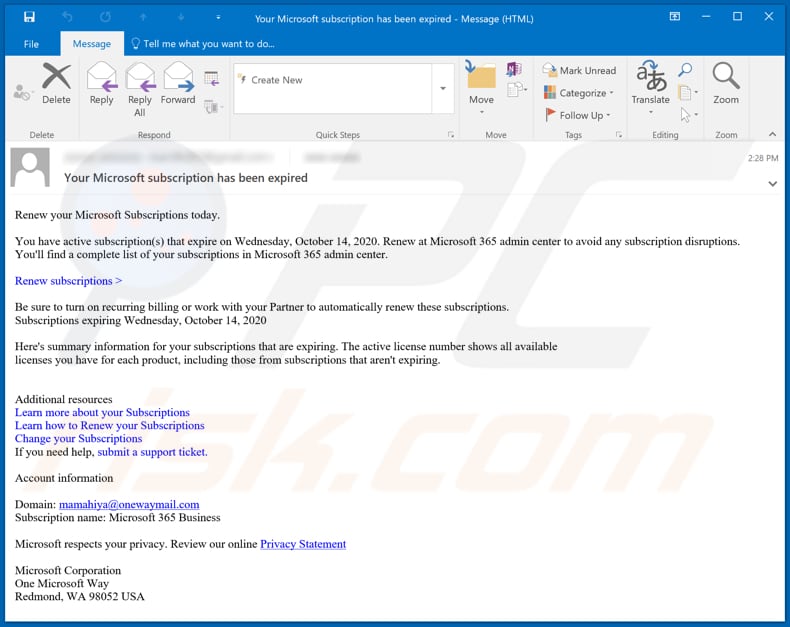 Security Change Spam: Your Hotmail Account Services Has Expired