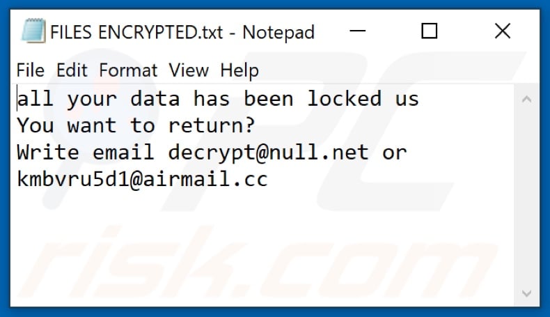Zxcv ransomware text file (FILES ENCRYPTED.txt)