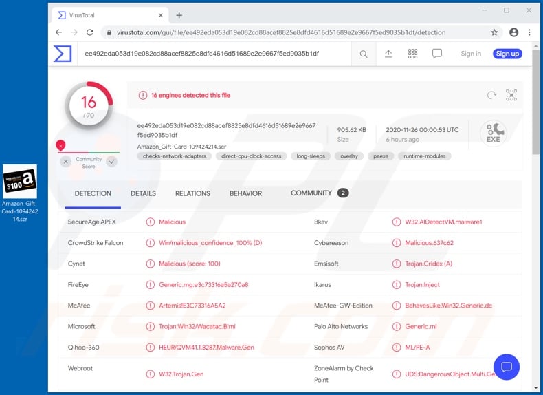 $100 Amazon Gift Card malicious file detections on VirusTotal (Amazon_Gift-Card-109424214.scr)