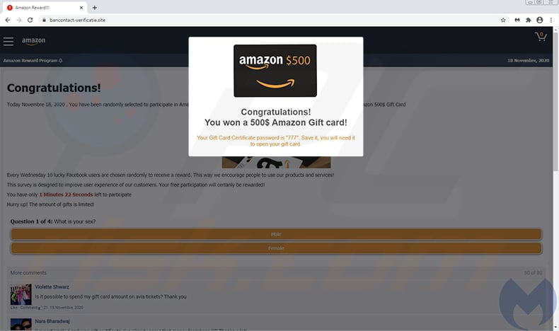 Amazon Gift Card pop-up scam (2020-11-19)