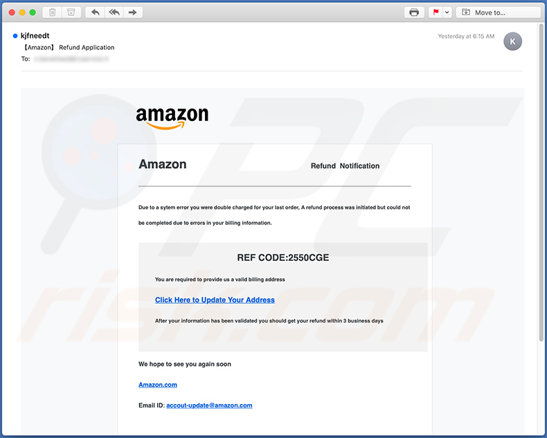 Amazon-themed spam email used for phishing purposes (2020-11-05)