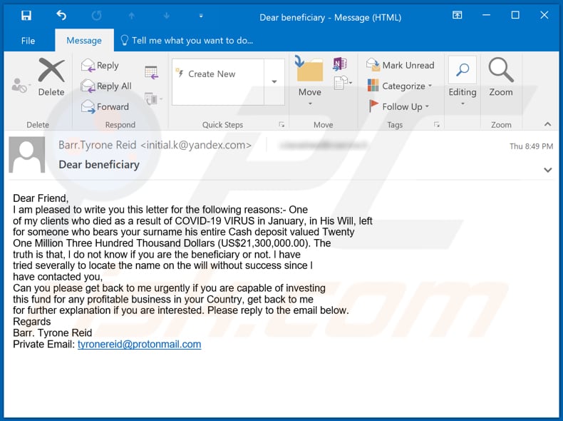 beneficiary inheritance email scam covid-themed variant