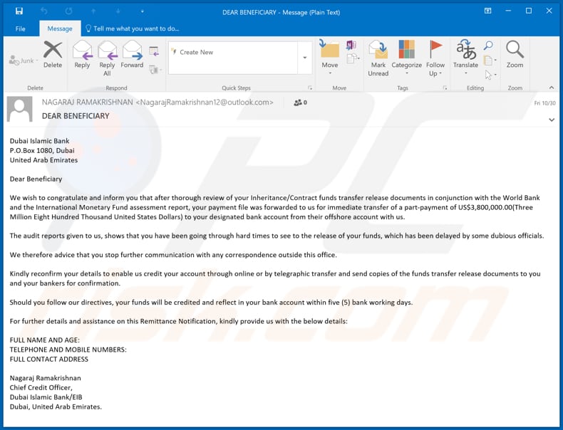 Beneficiary/Inheritance email scam email spam campaign