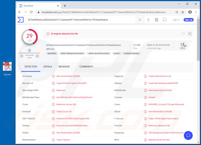 CDP Email Virus malicious executable detections on VirusTotal