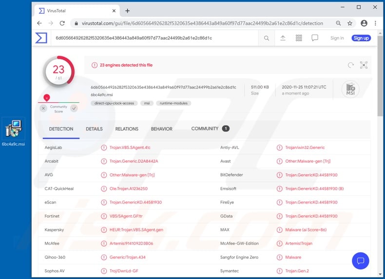 Chaes malware (fake installer) detections on VirusTotal