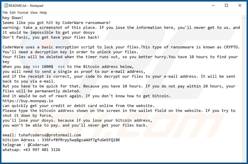 CoderWare ransomware text file (README.txt)