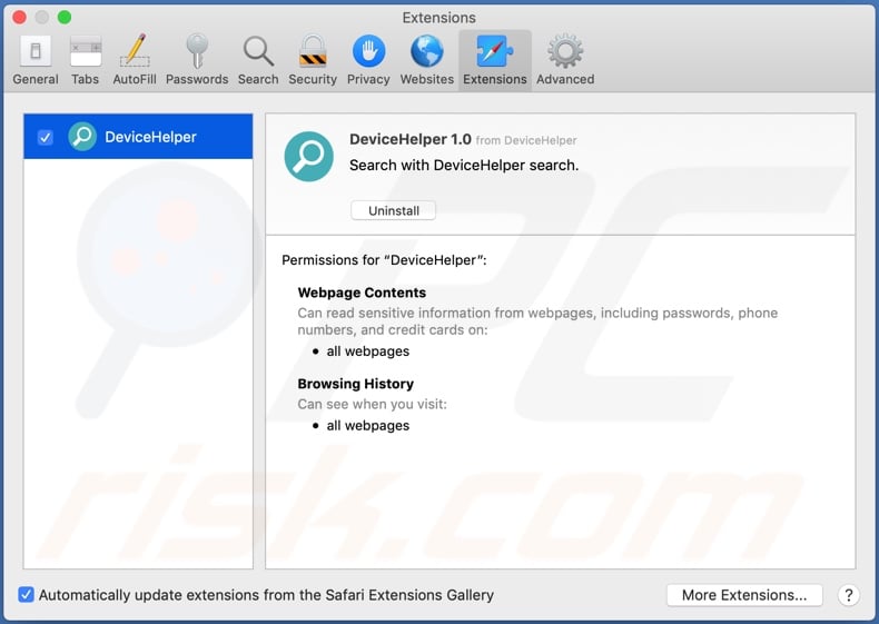 DeviceHelper adware installed onto Safari