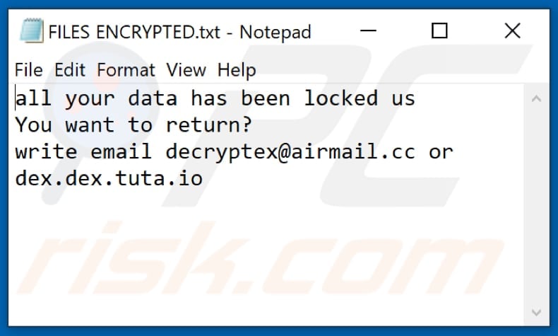 Dex ransomware text file (FILES ENCRYPTED.txt)