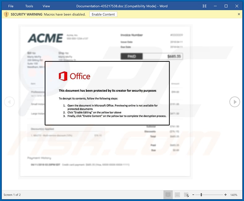 Malicious MS Word document used to spread Dridex malware