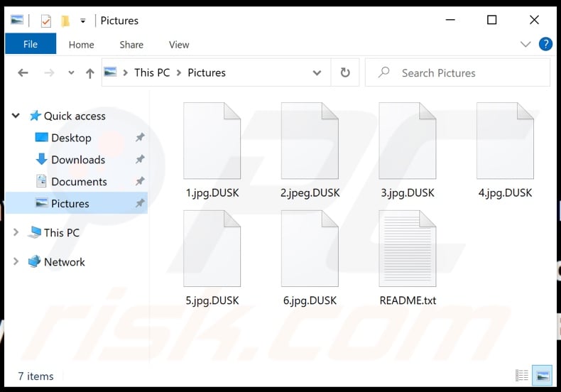 Files encrypted by DUSK 2 ransomware (.DUSK extension)