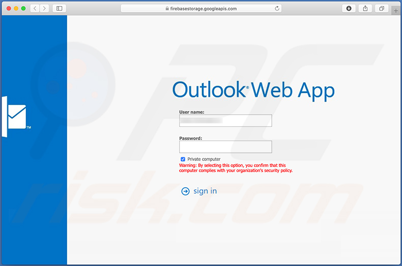 Fake Outlook login page promoted via spam emails