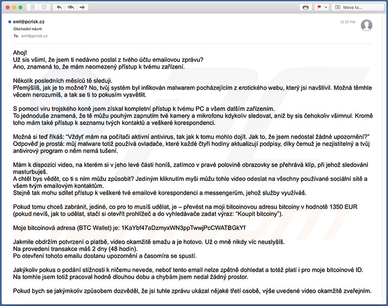 Czech variant of I Sent You An Email From Your Account spam email (2020-11-12)