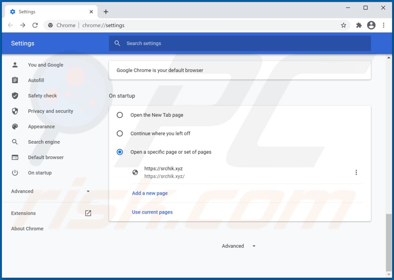 Removing srchik.xyz from Google Chrome homepage