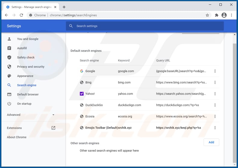 Removing srchik.xyz from Google Chrome default search engine