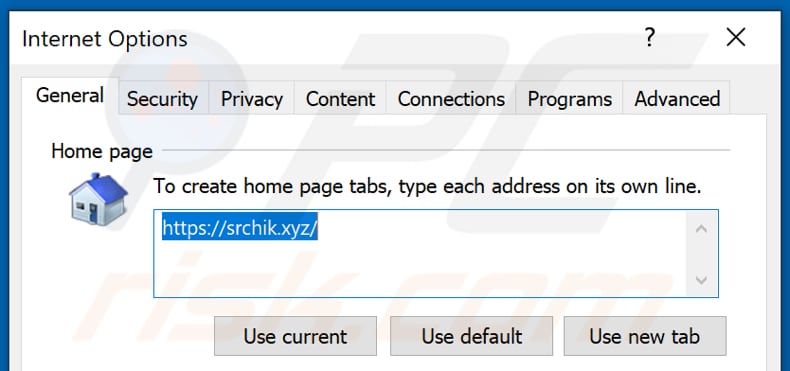 Removing srchik.xyz from Internet Explorer homepage