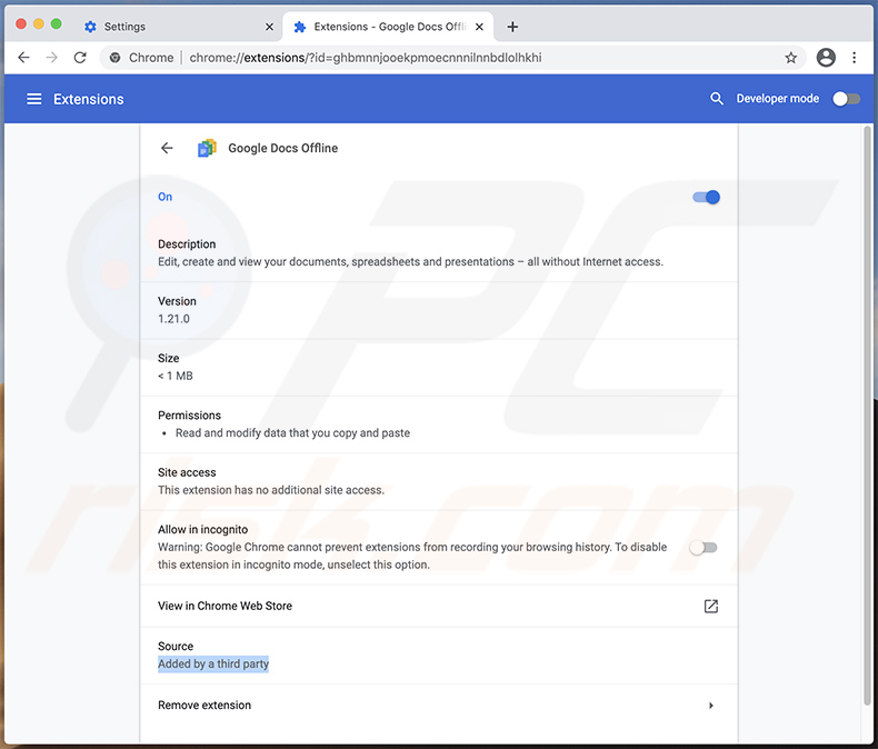 Fake Google Docs extension (Google Docs Offline) promoting browser hijackers