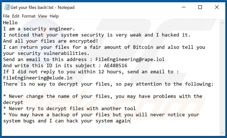 FileEngineering decrypt instructions (Get your files back!.txt) second variant