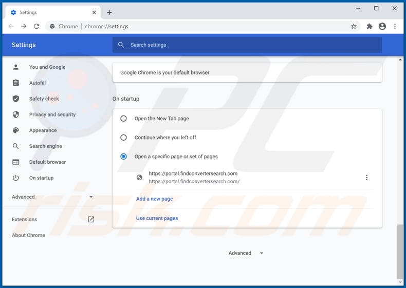 Removing findconvertersearch.com from Google Chrome homepage