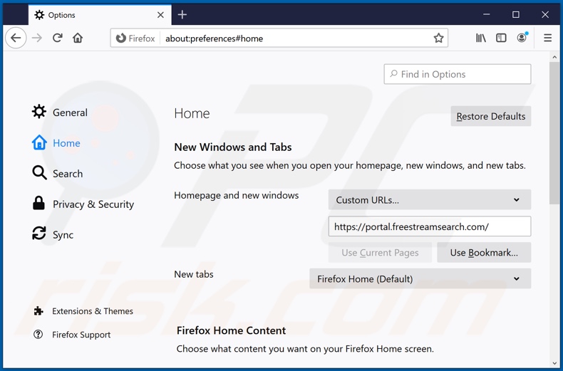 Removing freestreamsearch.com from Mozilla Firefox homepage