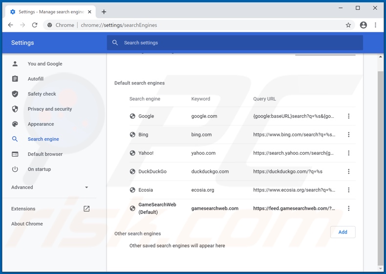 Removing gamesearchweb.com from Google Chrome default search engine