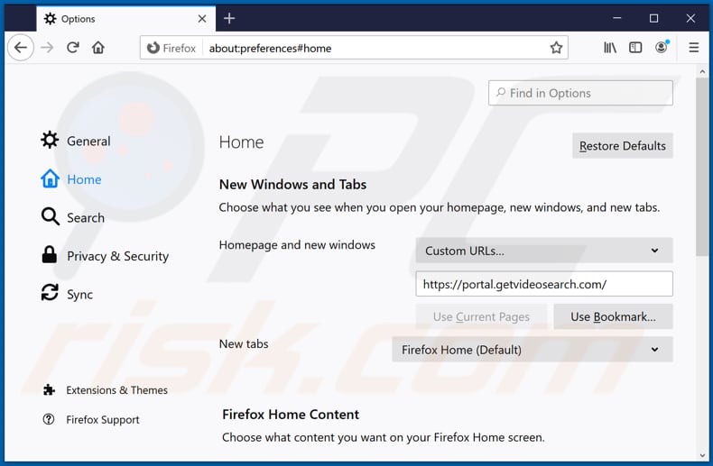 Removing getvideosearch.com from Mozilla Firefox homepage