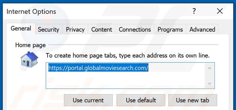 Removing globalmoviesearch.com from Internet Explorer homepage