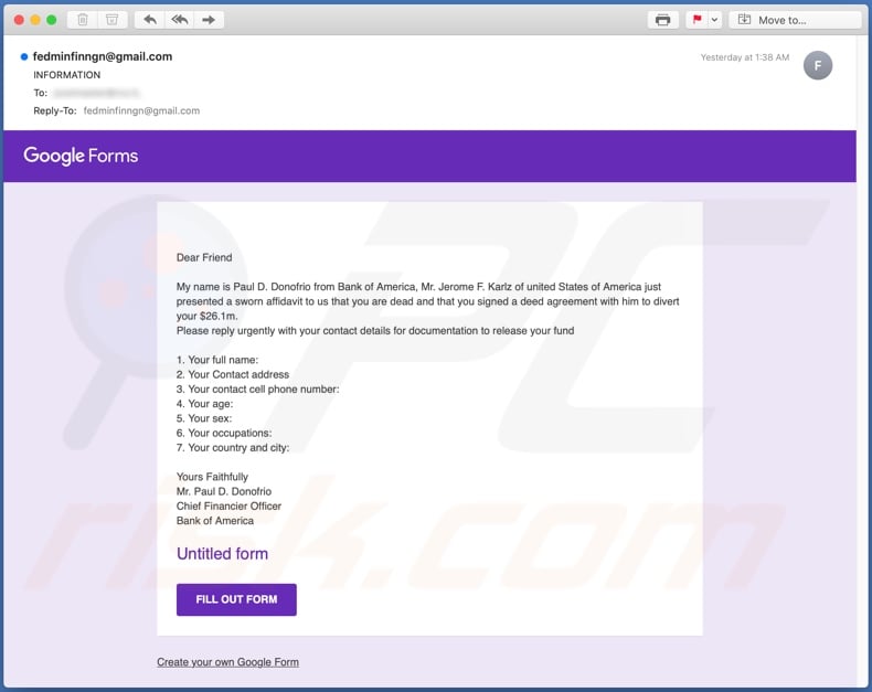 Google Forms email scam second variant