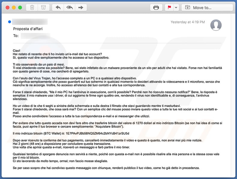 Italian variant of I Sent You An Email From Your Account spam email (2020-11-30)