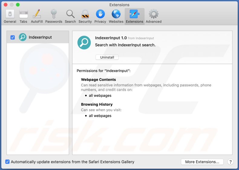 IndexerInput adware installed onto Safari