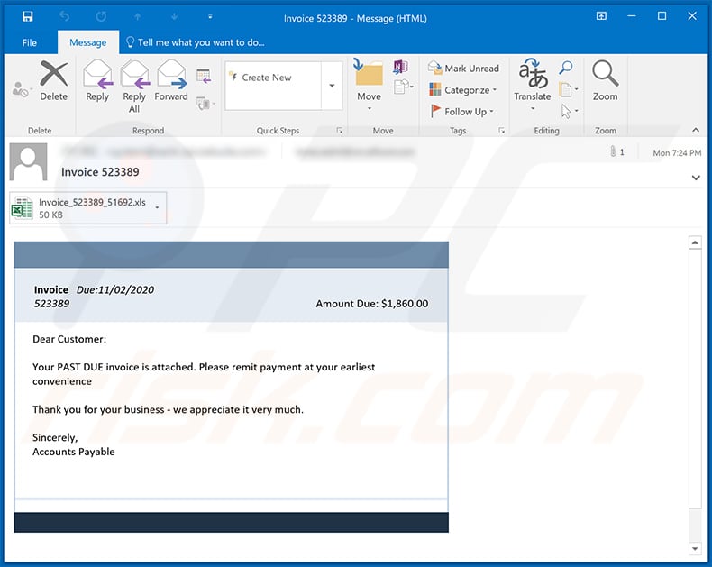 Invoice-themed spam email used to distribute a malicious MS Excel document (2020-11-03)