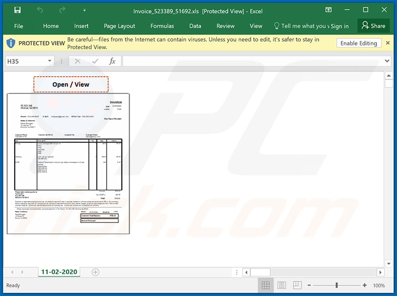 Malicious MS Excel document distributed via invoice-themed spam emails