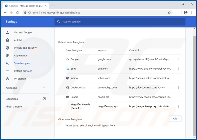 Removing magnifier-app.xyz from Google Chrome default search engine