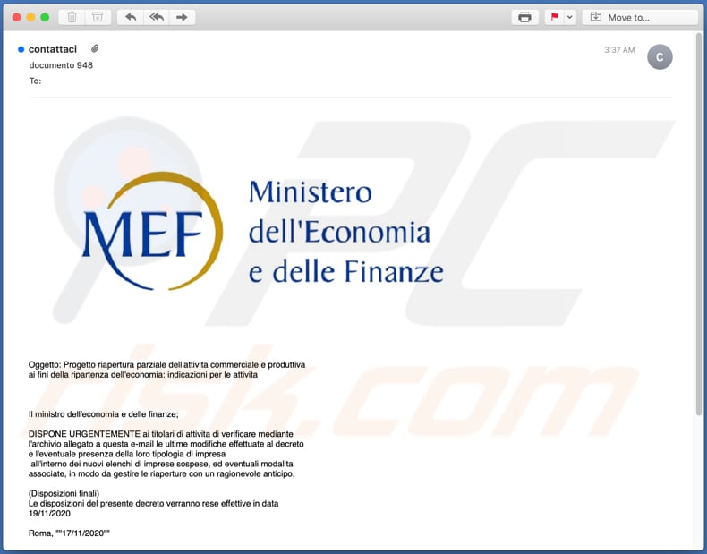 Ministro dell'Economia e delle Finanze email virus malware-spreading email spam campaign