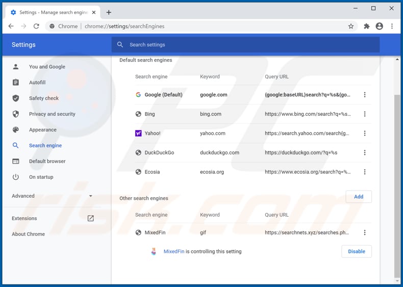 Removing searchnets.xyz from Google Chrome default search engine