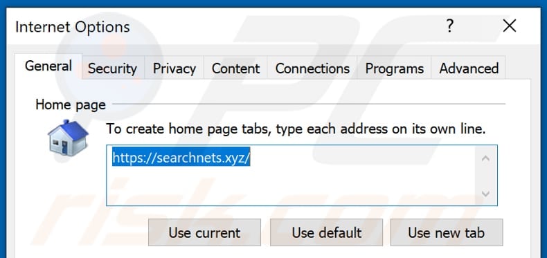 Removing searchnets.xyz from Internet Explorer homepage