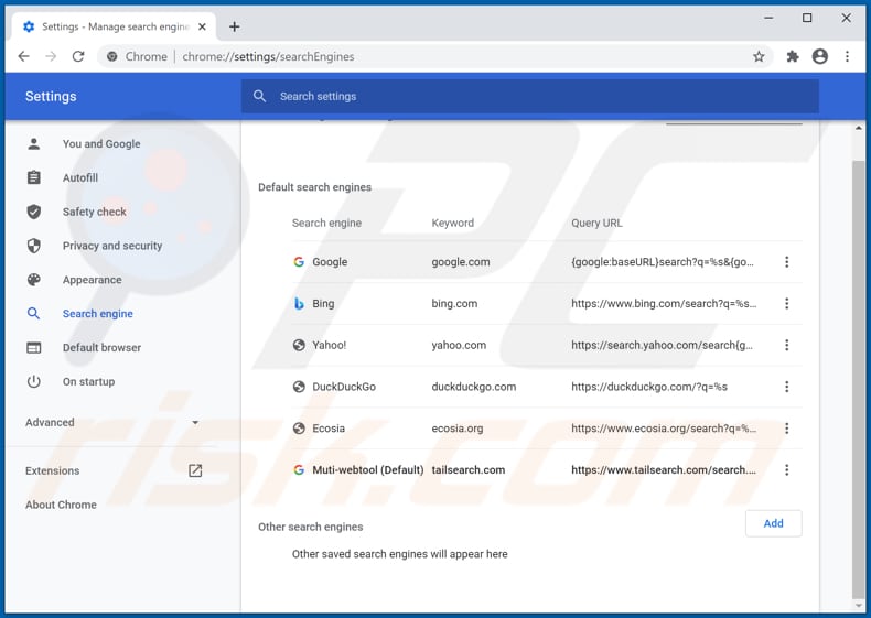 Removing tailsearch.com from Google Chrome default search engine