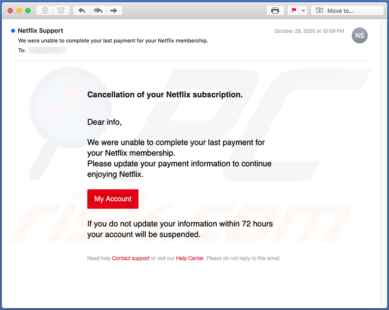 Netflix-themed spam email used for phishing purposes (2020-11-05)