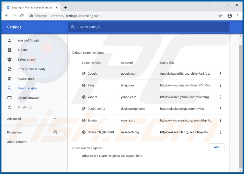 Removing oksearch.org from Google Chrome default search engine